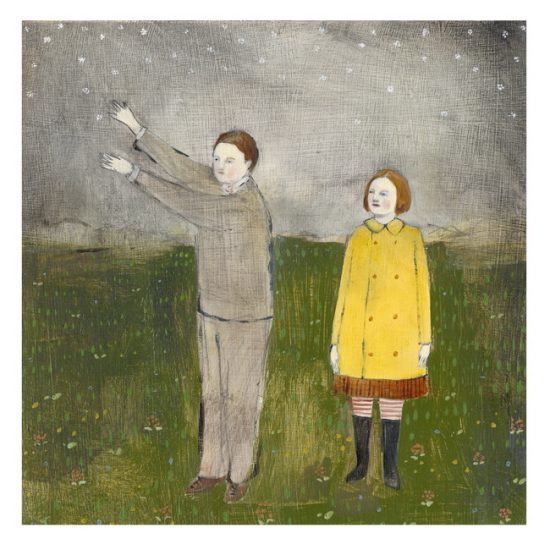 As Lucy watches, Jules collects the first snowflakes of winter print by Amanda Blake