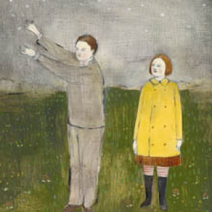 As Lucy watches, Jules collects the first snowflakes of winter print by Amanda Blake