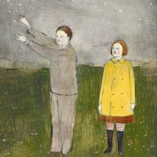 As Lucy watches, Jules collects the first snowflakes of winter original painting by Amanda Blake