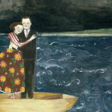 Nigel and Lily embracing at sea print by Amanda Blake