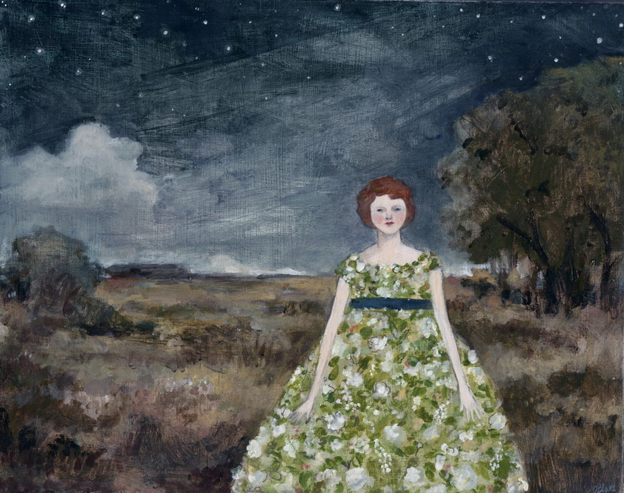 At night Rebecca wore dresses of jasmine and primrose original painting by Amanda Blake