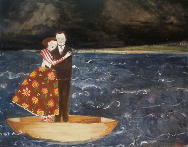 Nigel and Lily embracing at sea original painting by Amanda Blake