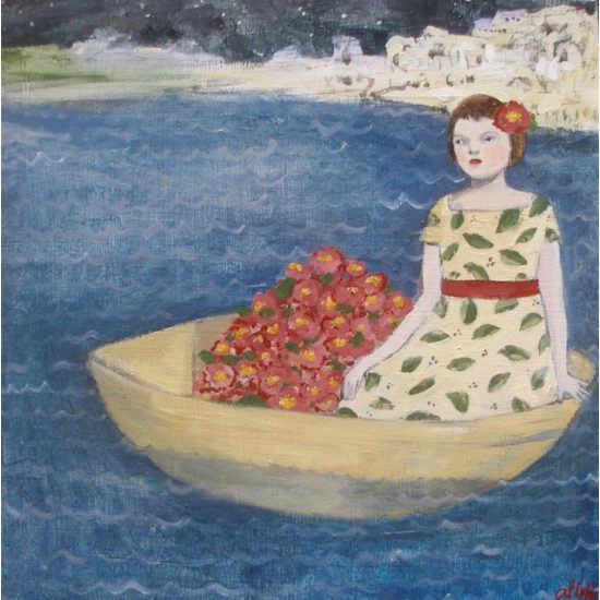 mary sailed away from home in a boat filled with flowers original painting by Amanda Blake