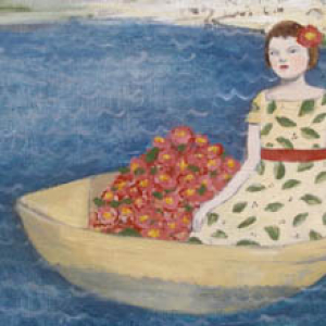 mary sailed away from home in a boat filled with flowers original painting by Amanda Blake