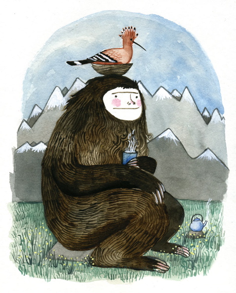 Yeti with Tea and Nesting Hoopoe original painting by Diana Sudyka