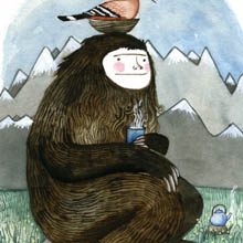 Yeti with Tea and Nesting Hoopoe original painting by Diana Sudyka