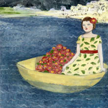 Mary sailed away from home in a boat filled with flowers print by Amanda Blake